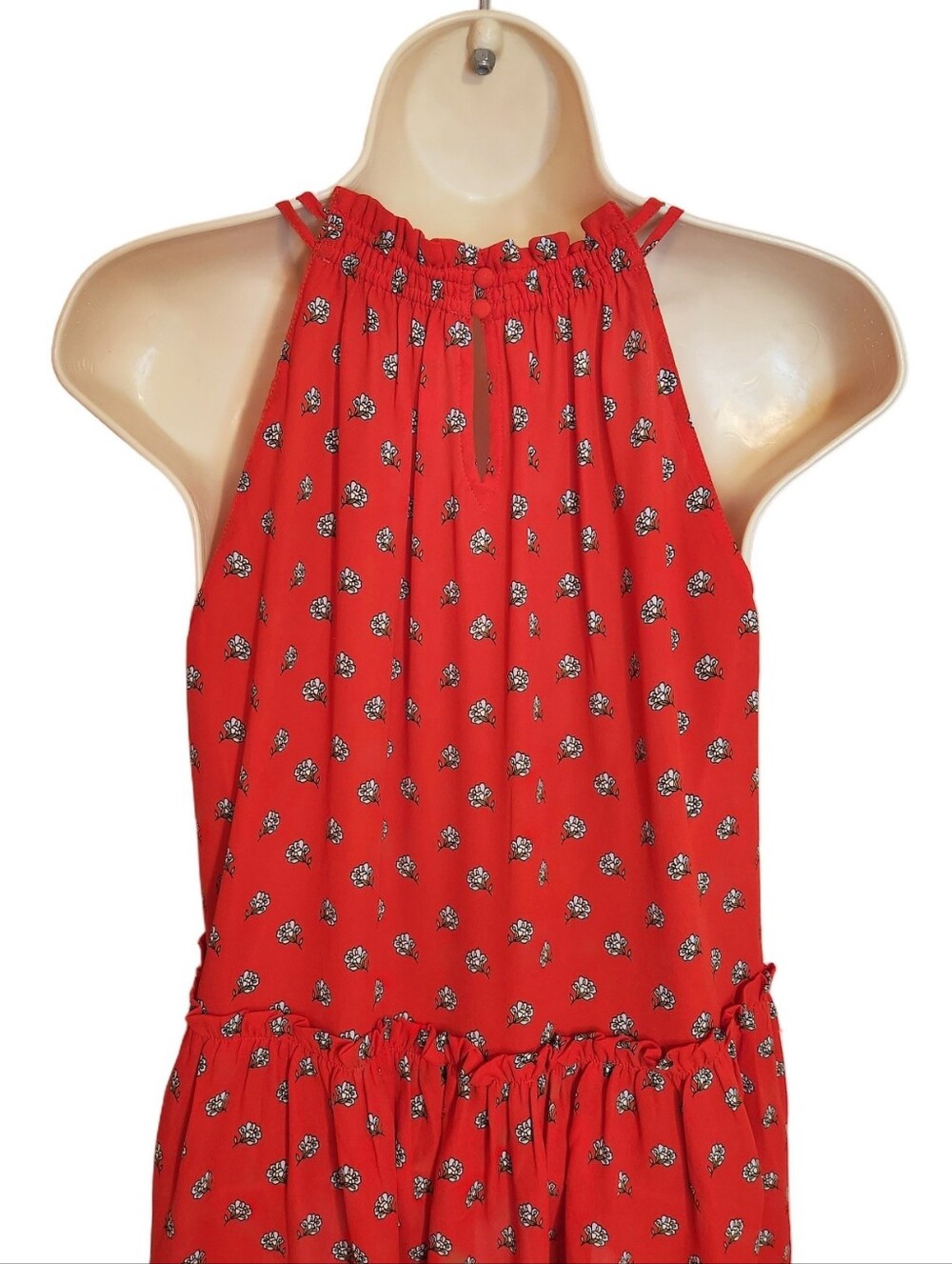 Loft Tiny Floral Shirred Keyhole Halter Sleeveless Red/White Peplum Top Medium - Picture 5 of 8